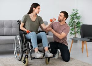 therapist providing support to a person in a wheelchair
